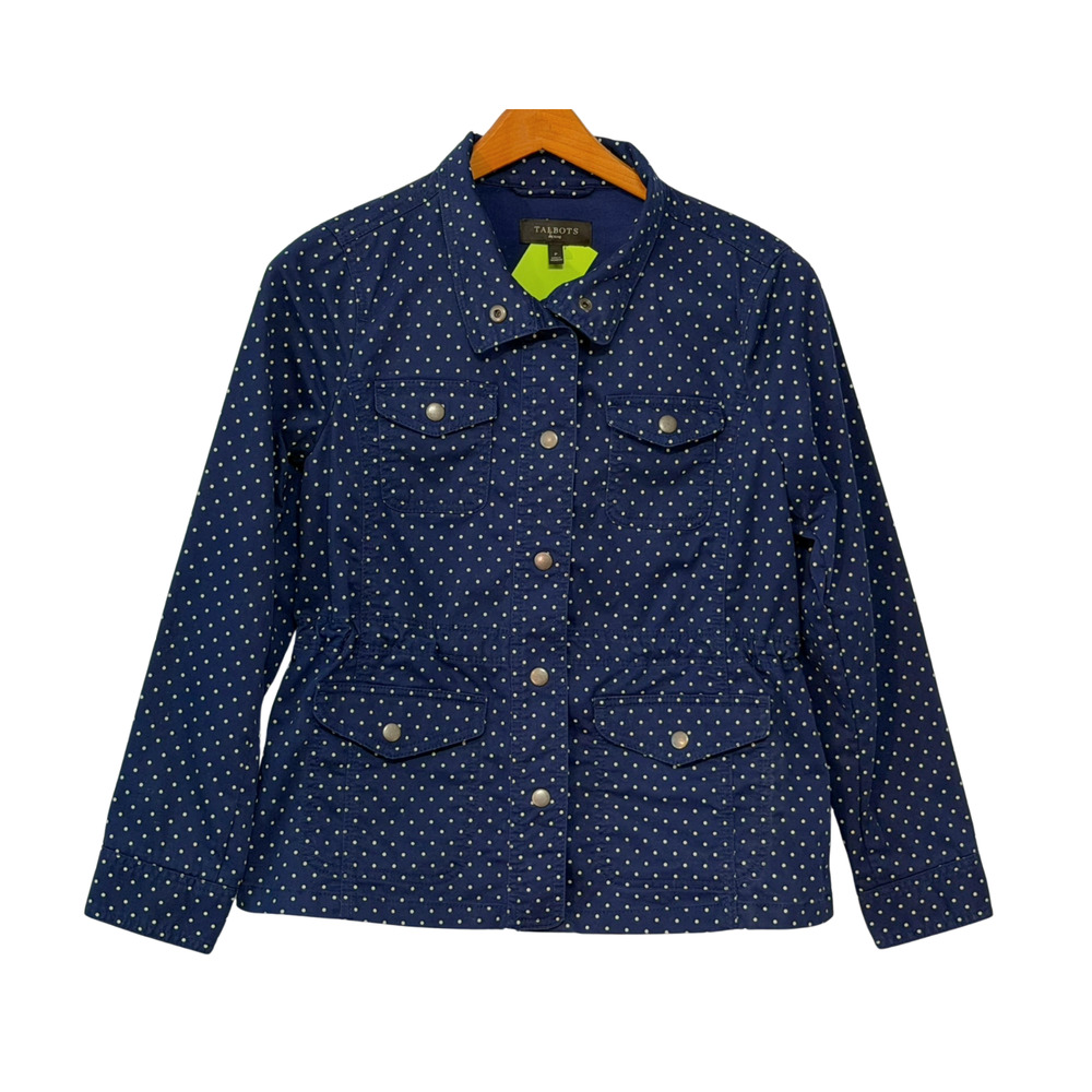 Talbots Petites Sz P (S) Light Jacket Inner Drawstring Navy Polka Dot Canvas